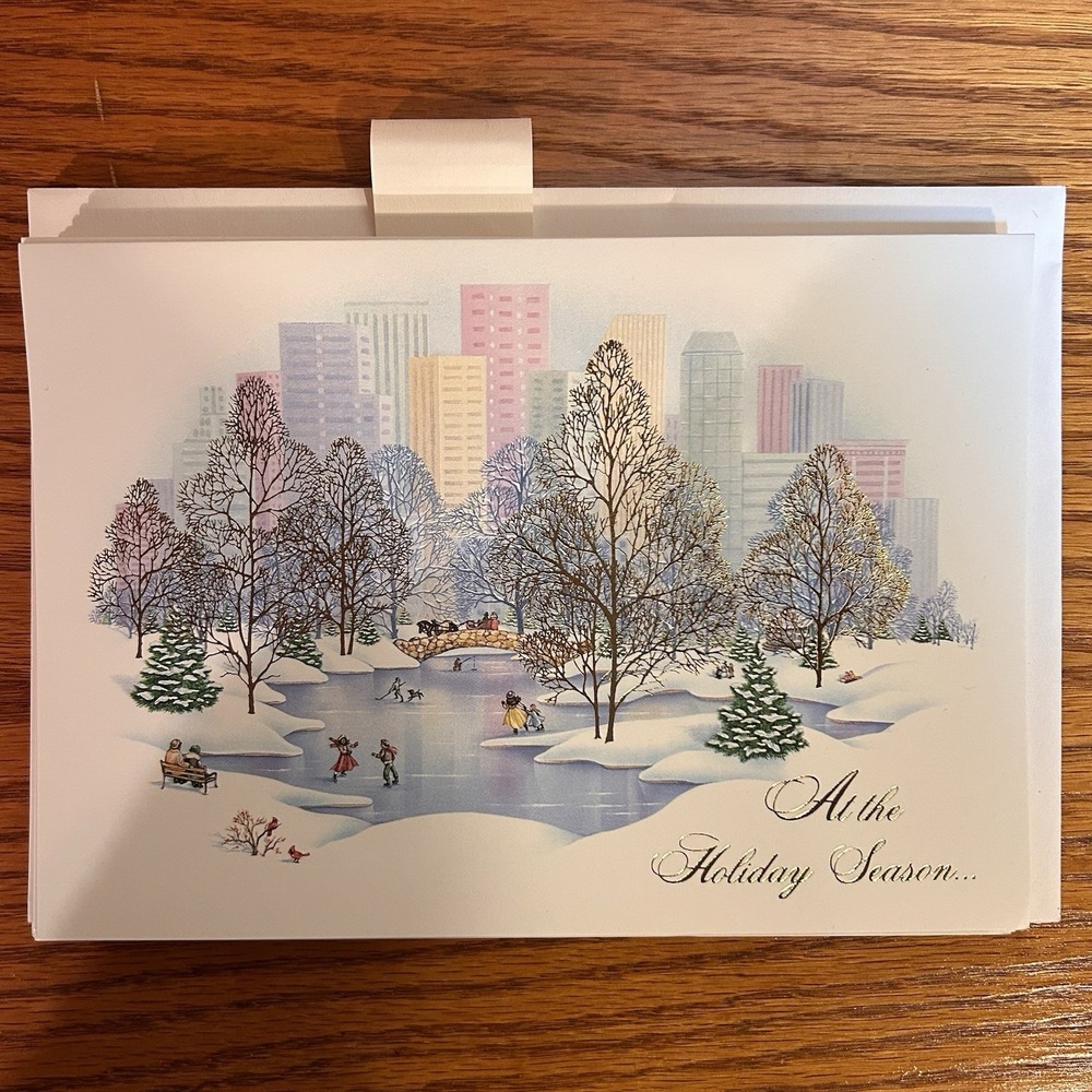 VTG 8 Christmas Holiday Cards Bustling City Fancy Trees People Skating Business